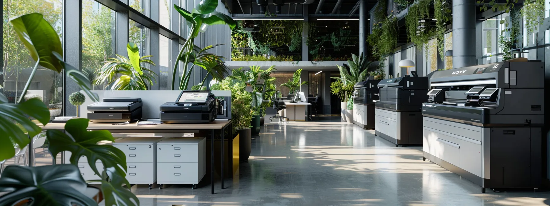 a sleek, modern office space with a row of efficient multifunction printers in use, surrounded by plants to signify environmental sustainability.