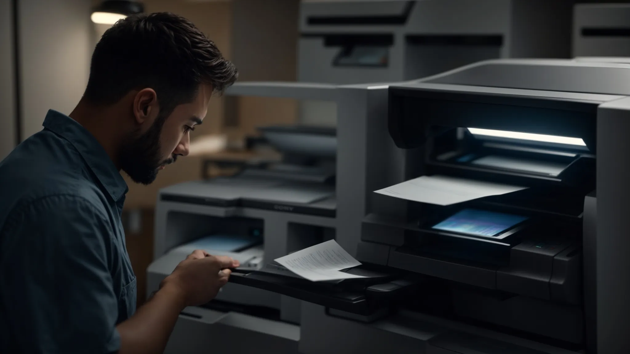 a technician carefully examining a photocopier with a toolkit in hand, surrounded by positive customer reviews and qualifications certificates on the wall.