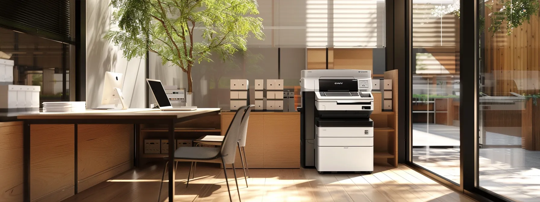 Unlocking Cost Benefits With Managed Print Services: A Guide to Maximizing Savings 12 a sleek, energy-efficient printer in a well-organized office setting, surrounded by standardized supplies, showcasing an optimized print infrastructure for cost efficiency.