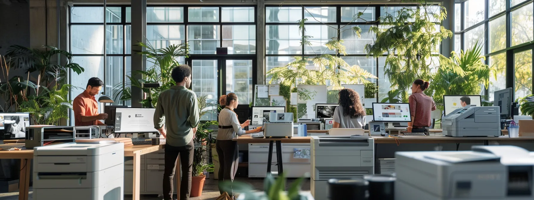a modern office setting with eco-friendly printers, staff receiving training on sustainable practices, and maintenance equipment being optimized for performance, all highlighting a commitment to environmentally responsible printing solutions.