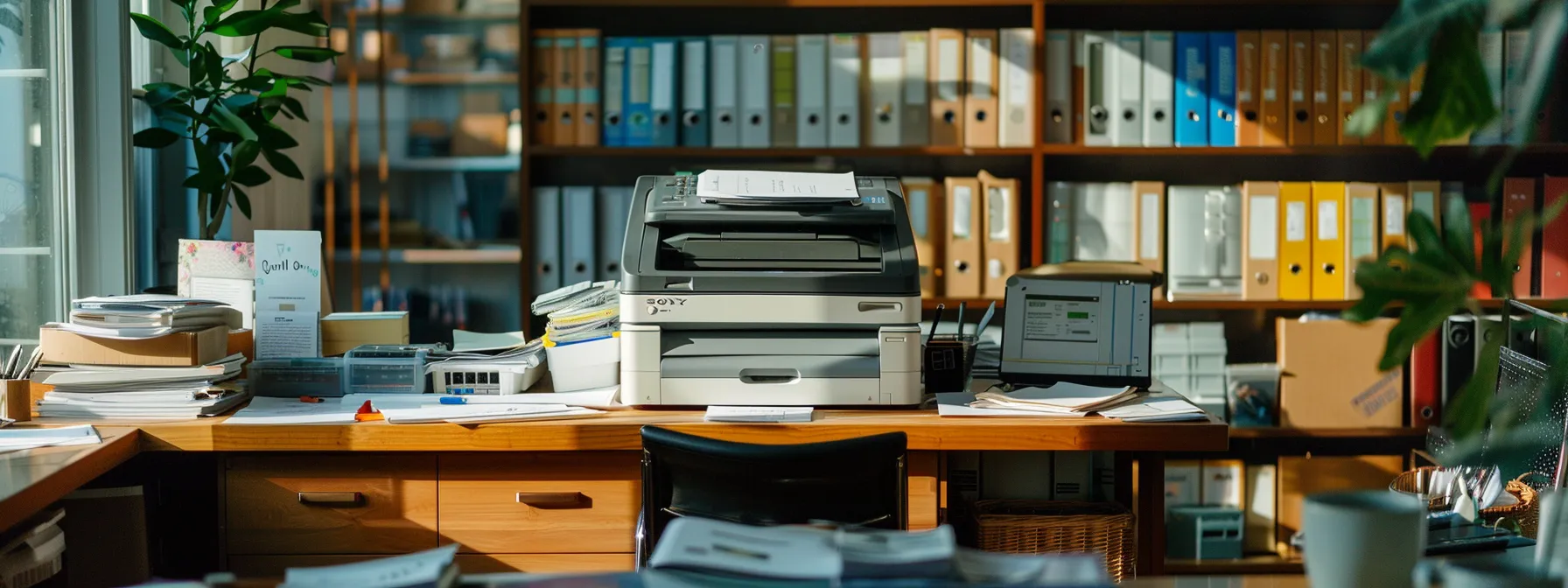 a well-maintained photocopier surrounded by high-quality paper supplies in a clean, organized office setting.