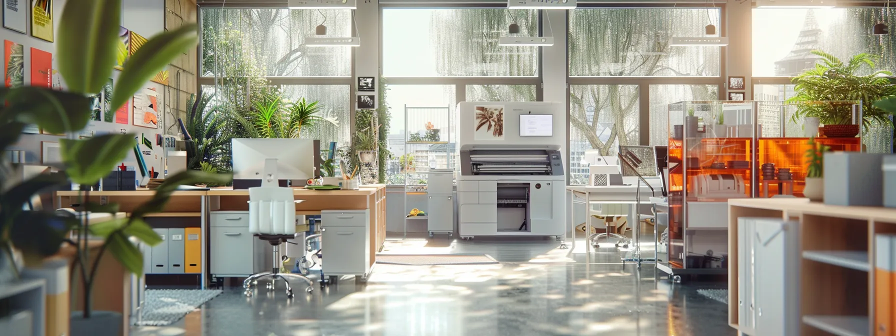 a busy office with a large format printer efficiently printing high-quality materials while cost-effective supplies are neatly organized nearby.