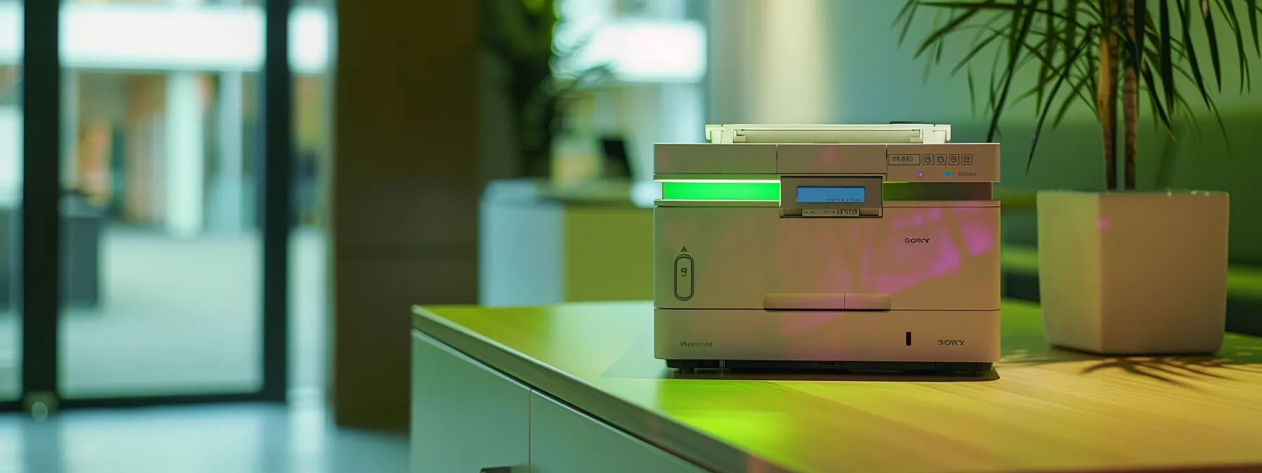 a sleek energy star certified printer in a modern office setting, with a vibrant green light indicating low energy consumption.