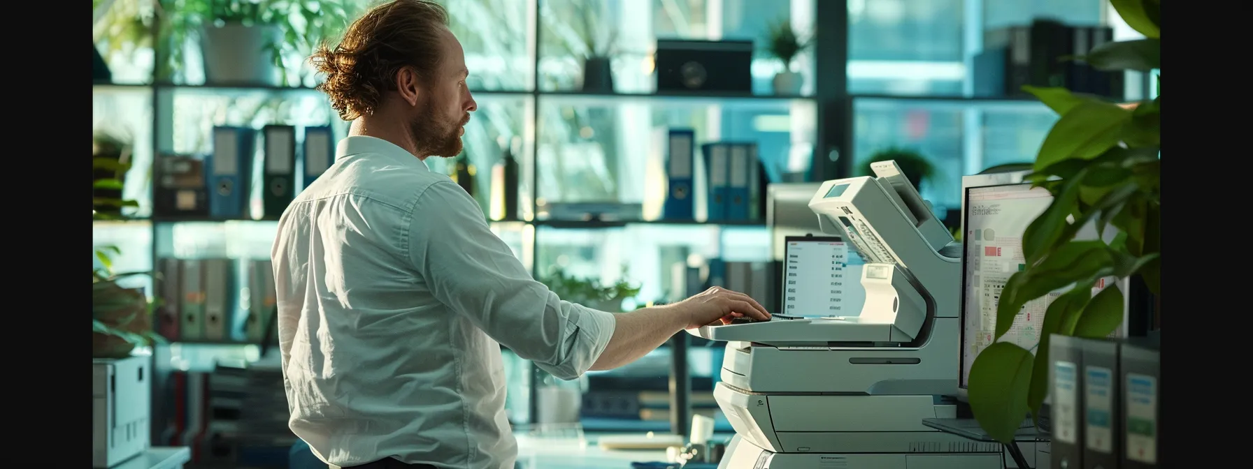 Effective Guide to Solving Copier Connectivity Issues 11 a technician meticulously adjusts network settings on a sleek, modern photocopier, surrounded by a computer screen displaying firmware updates and network configurations.