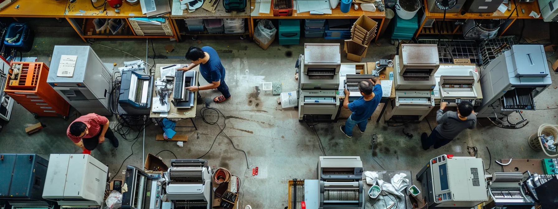 Comprehensive Guide to Commercial Photocopier Repair Rates 10 a busy repair shop with technicians of various ages and backgrounds working on a variety of photocopiers, with tools and spare parts scattered around.