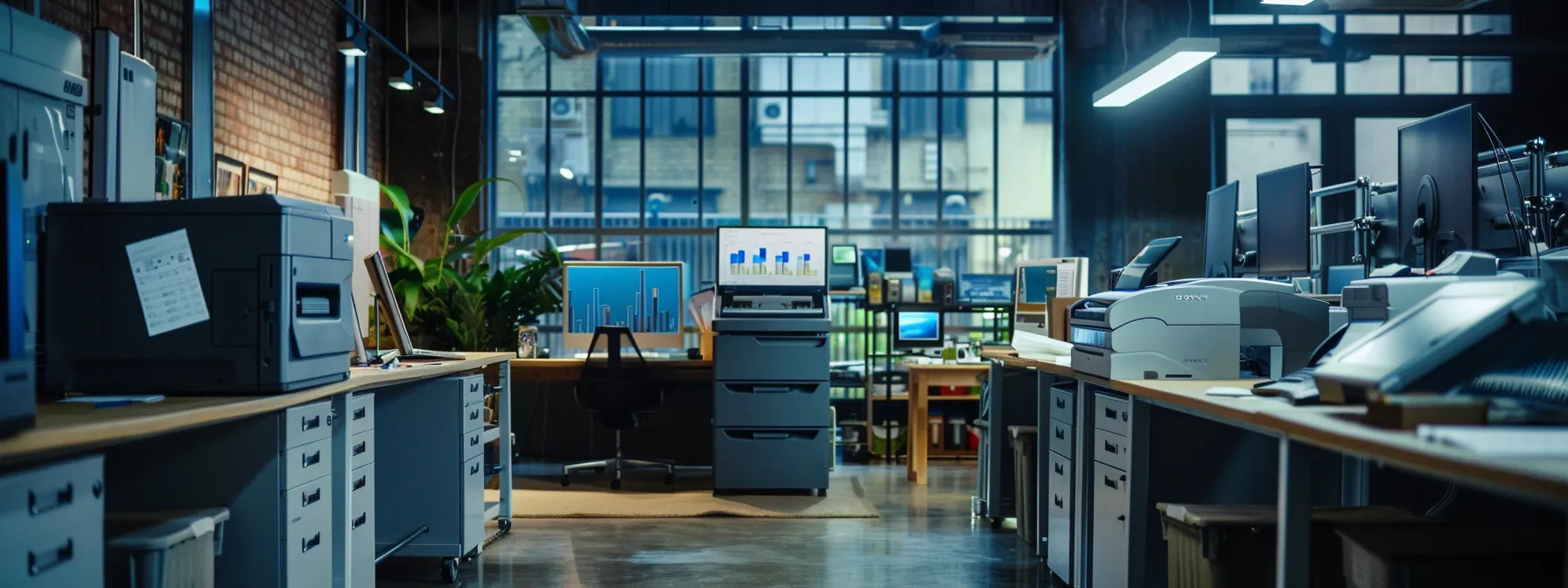 a modern office with sleek, high-tech printers and graphs displaying significant cost savings, showcasing the success of managed print services.