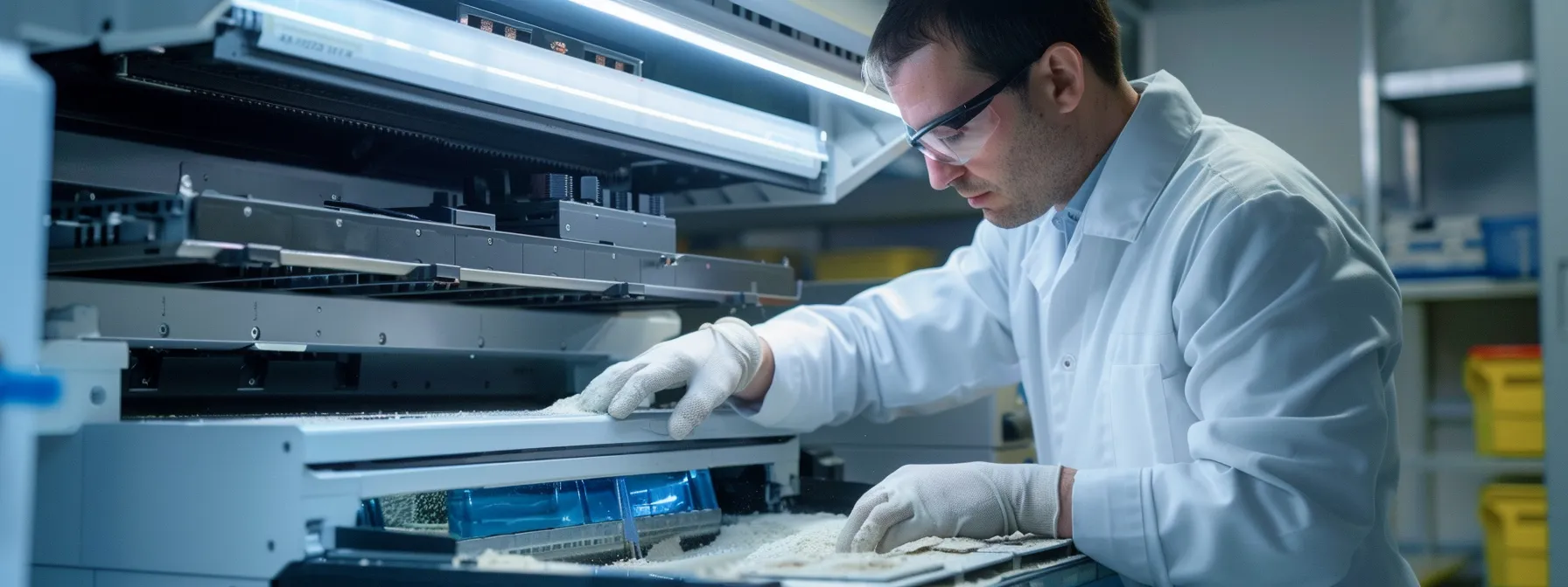 a technician carefully cleaning the dusty internal components of a photocopier to prevent overheating issues.