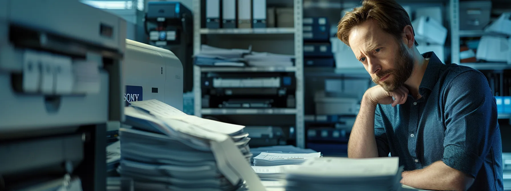 Effective Guide to Solving Copier Connectivity Issues 14 a technician inspecting a high-tech copier machine with a puzzled expression, surrounded by a stack of equipment and manuals.