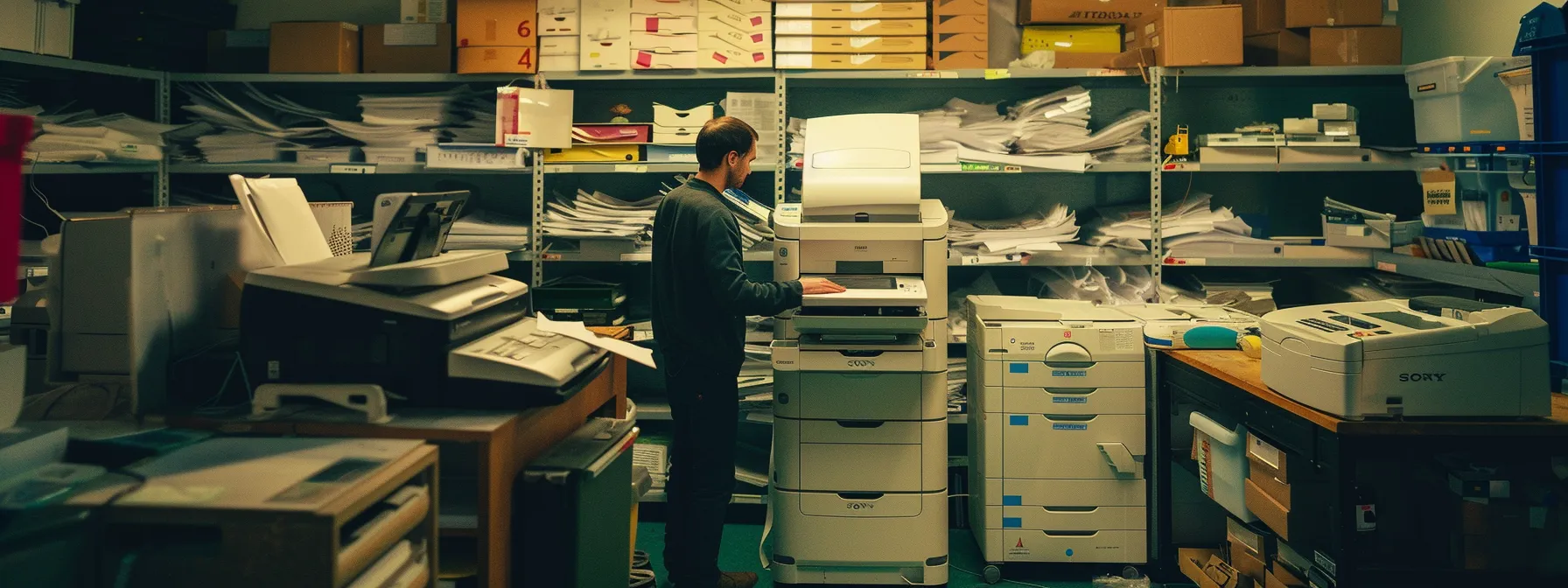 a well-maintained photocopier surrounded by spare parts, with a staff member receiving proper training on its use.