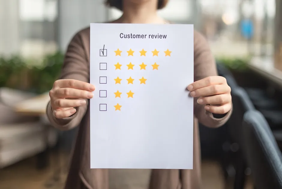 woman choosing with tick five star rating customer review