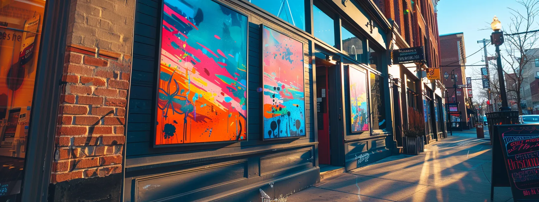 an expansive, vibrant custom signage displayed prominently in a small business storefront, showcasing the high-quality prints and brand visibility offered by large format printers.