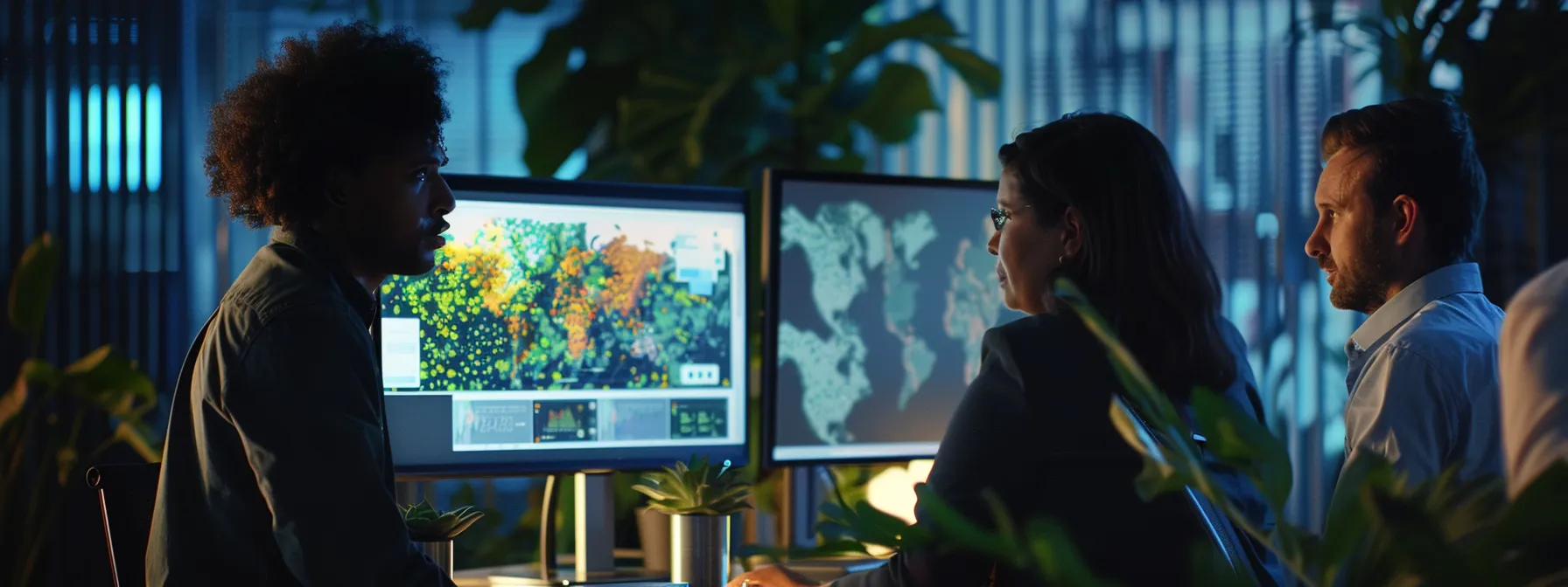 a group of employees gathered around a computer monitor with a digital dashboard displaying real-time environmental impact data, showcasing their commitment to sustainability efforts.