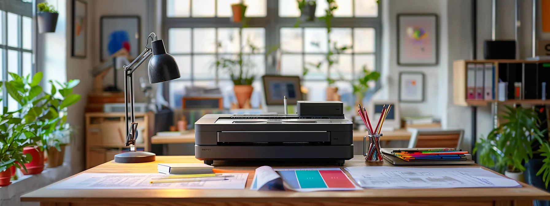 a sleek, modern large format printer sits on a desk in a small business office, surrounded by colorful blueprints and creative materials.