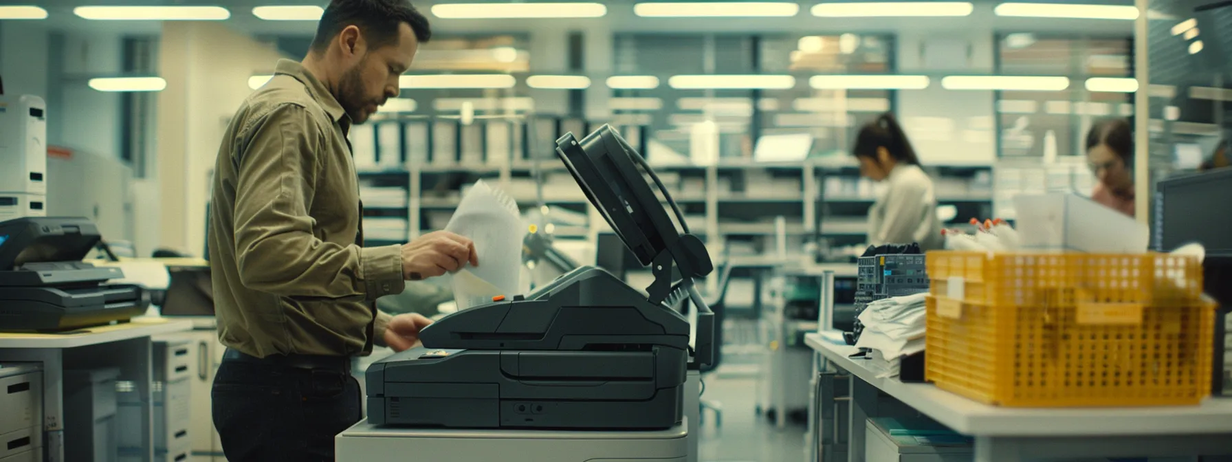 a tidy office with a technician performing preventative maintenance on a modern photocopier, surrounded by a team of attentive employees learning proper use techniques.