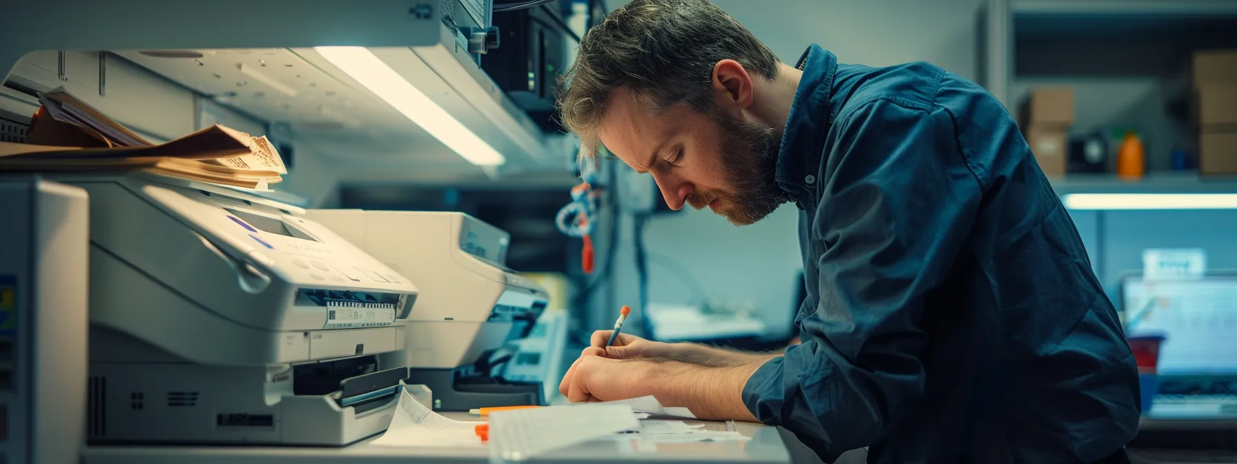 a technician meticulously examining a photocopier with specialized tools and equipment to diagnose and repair a serious hardware issue.