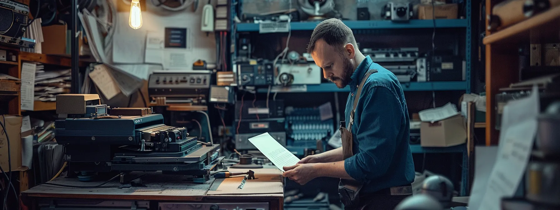 a skilled technician meticulously examining the internal components of a vintage photocopier, surrounded by a variety of spare parts and tools, in a dimly lit repair shop.