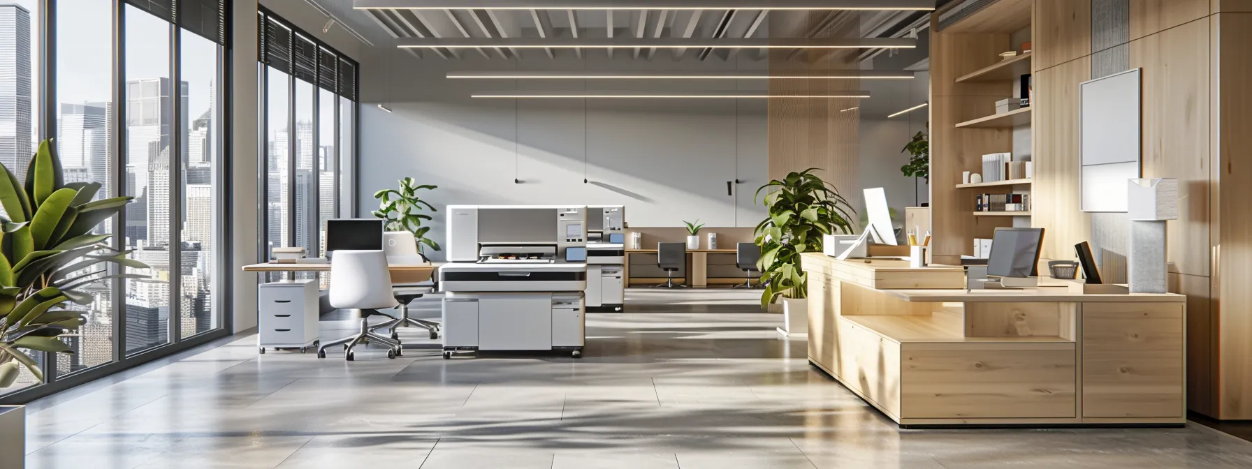 a modern, spacious office showcasing a sleek, compact large format printer surrounded by various compatible devices and tools, emphasizing efficiency and productivity.