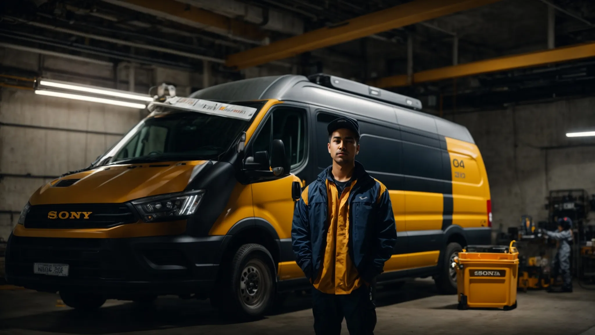 a technician with a toolbox standing next to a well-organized work van, displaying certifications and positive customer reviews on the side.