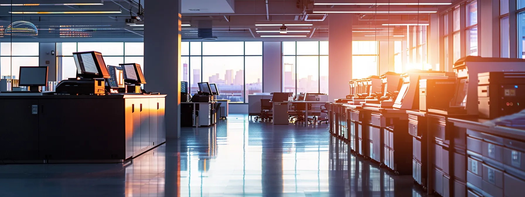 a modern, streamlined office printing center with cutting-edge technology and security measures in place.