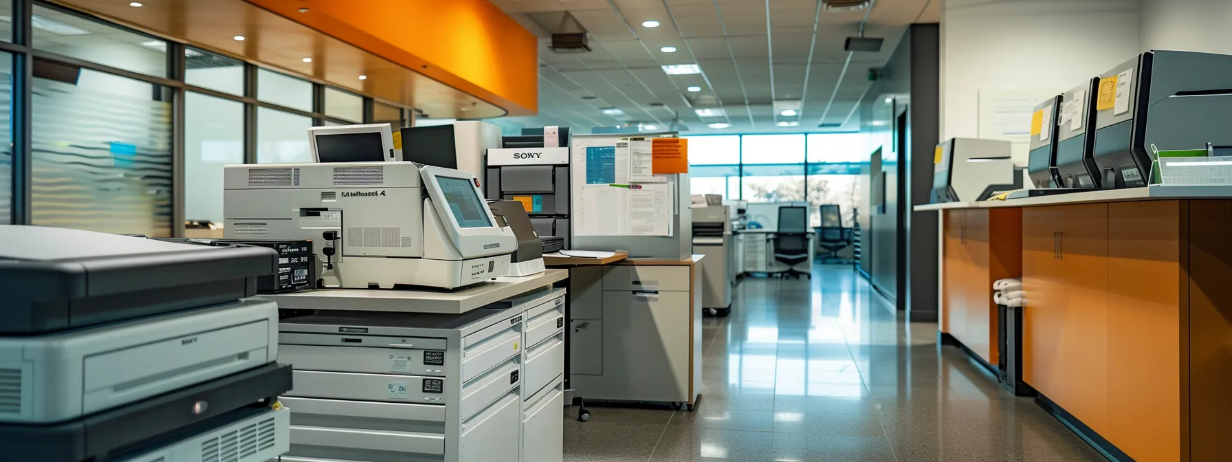 an organized and efficient office space with sleek, modern printing equipment seamlessly integrating with user-friendly systems and automated processes to maximize productivity and roi.