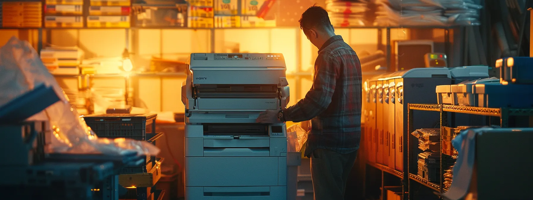a sleek, modern copier surrounded by a stack of toner cartridges and a technician assessing its intricate technology.