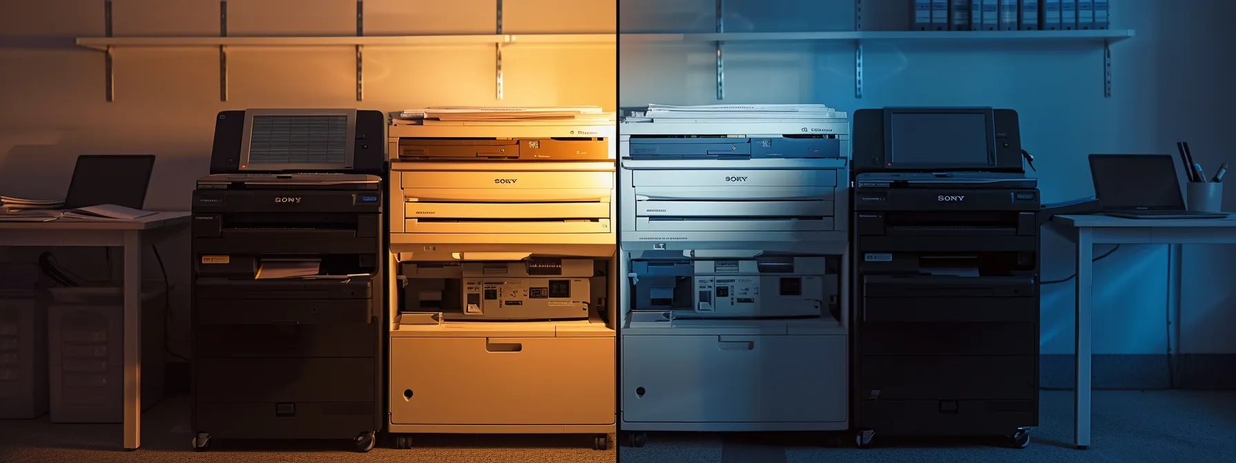 Comprehensive Guide to Commercial Photocopier Repair Rates 13 a sleek, modern copier with advanced features sitting next to an outdated, malfunctioning copier, showing the decision between repair and replacement.