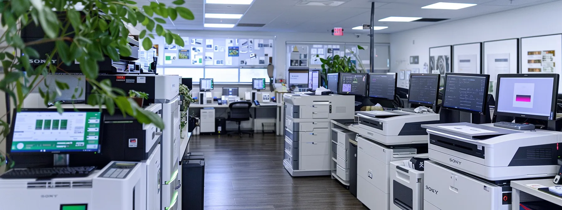 a printer room with modern, energy-efficient devices and digital screens displaying print policies and digital alternatives to maximize savings and operational efficiency.