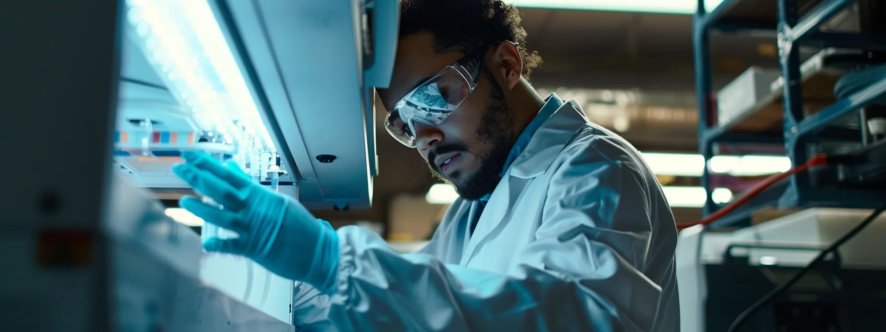 a technician wearing safety goggles and gloves carefully powers down a photocopier to avoid electrical hazards.