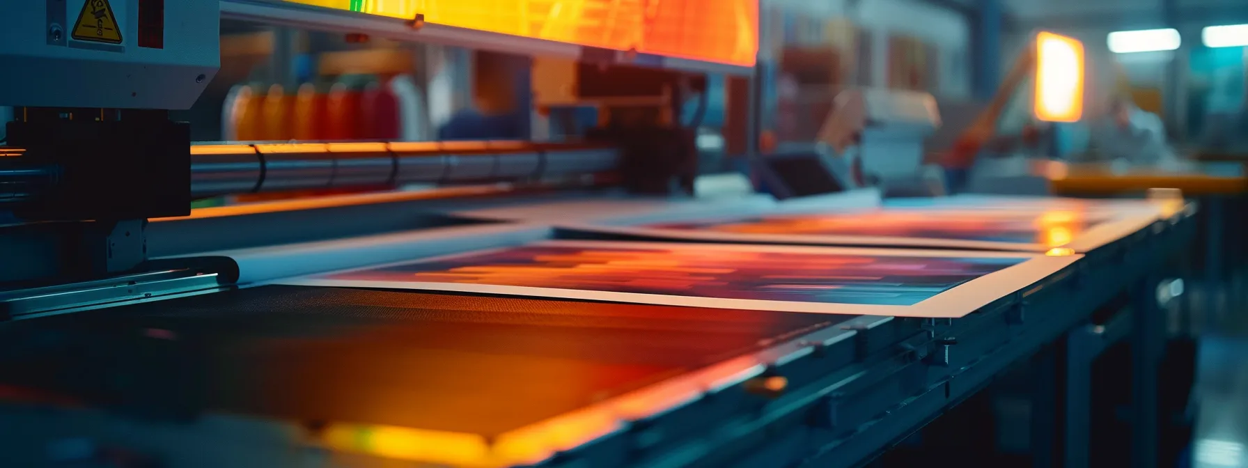 a cost-effective large format printer printing vivid, pantone-matched colors on a metal substrate, showcasing both quality and affordability.