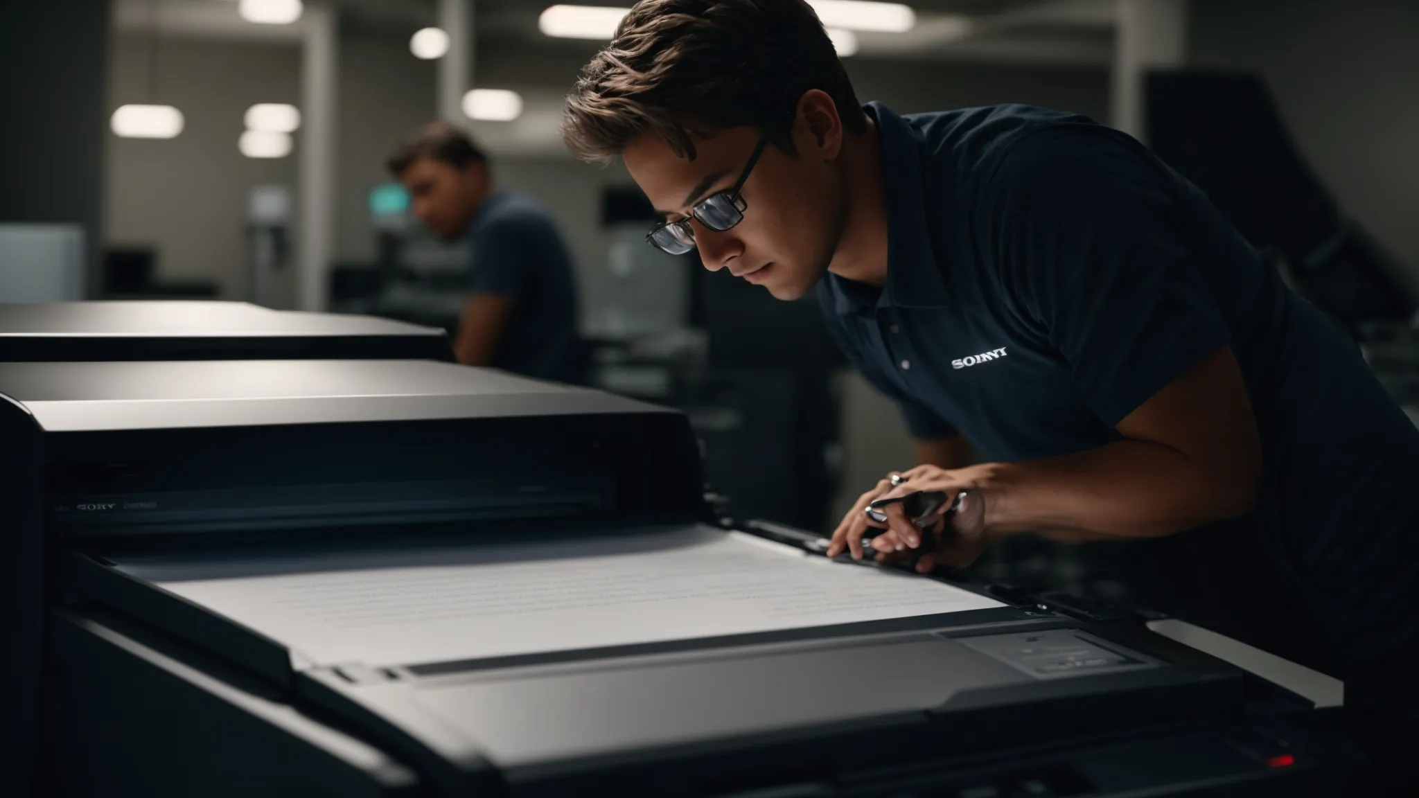 a technician carefully examines a canon photocopier screen displaying an error code, with a focused look of determination and expertise.