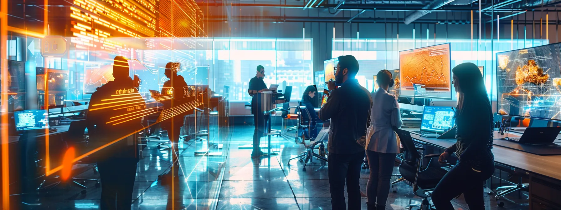 in a sleek, futuristic office, a diverse team collaborates with ai-powered tools, seamlessly integrating human creativity with advanced technology.