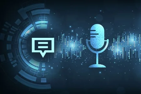 a blue and white screen with a microphone and sound waves