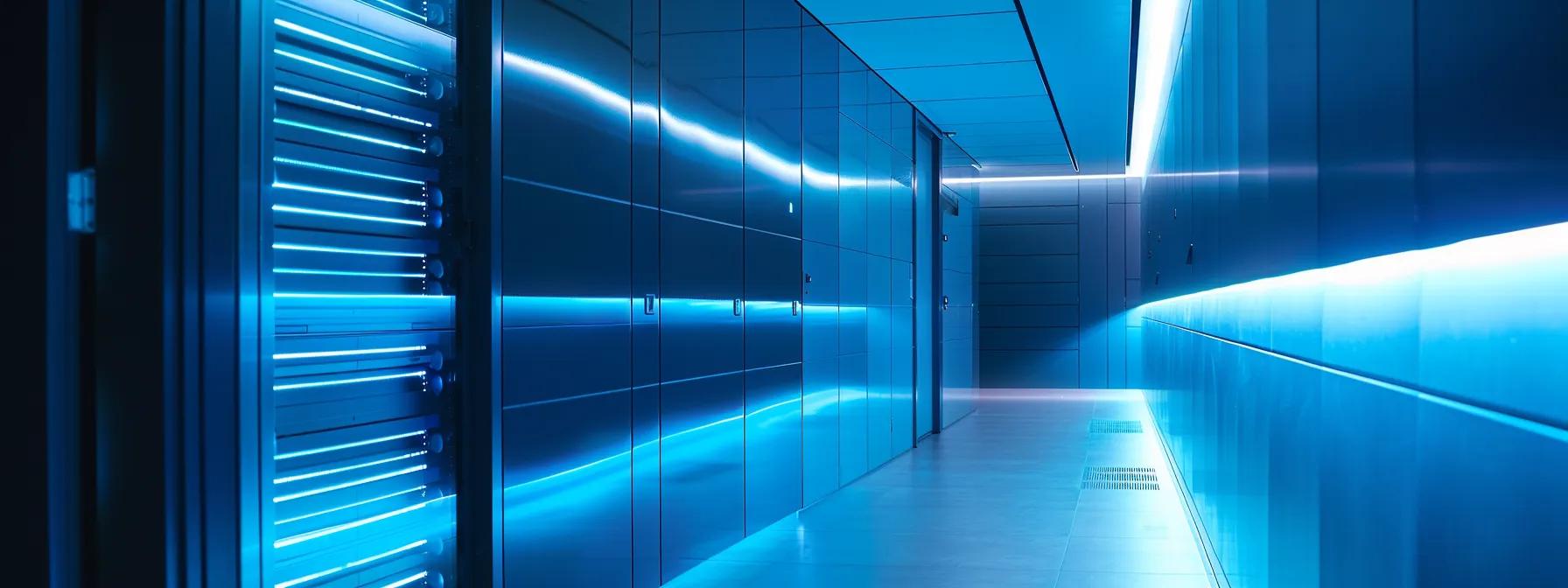 a sleek, modern server room illuminated by cool blue led lights, showcasing rows of advanced technology racks, symbolizing efficient patch management in a high-tech environment.