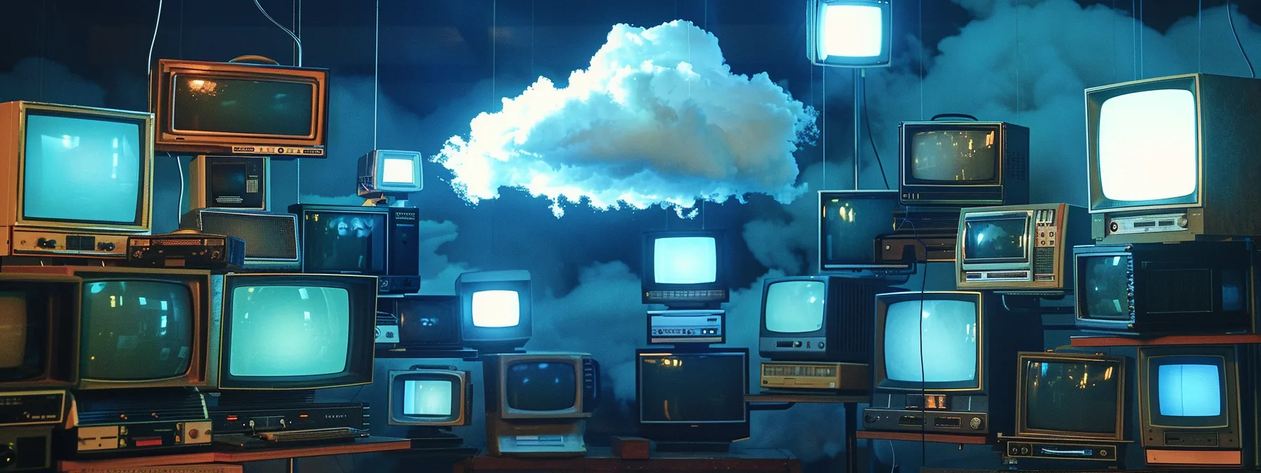 a futuristic, digital cloud hovering above a series of vintage computer monitors, showcasing the evolution of cloud computing.