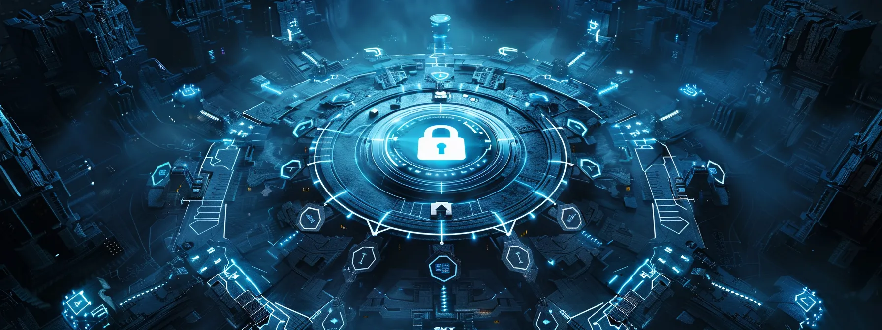 a captivating depiction of a digital fortress symbolizing robust data security, featuring a glowing lock surrounded by interconnected cloud networks and shield icons, illuminated by soft blue lighting against a sleek dark background.