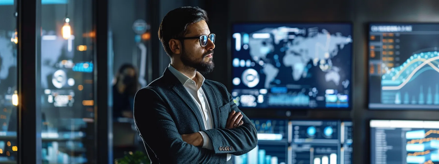 a confident cio stands at the forefront of a modern, tech-filled office, skillfully integrating diverse teams while analyzing performance metrics on a large digital display, symbolizing the strategic alignment of technology with business growth.