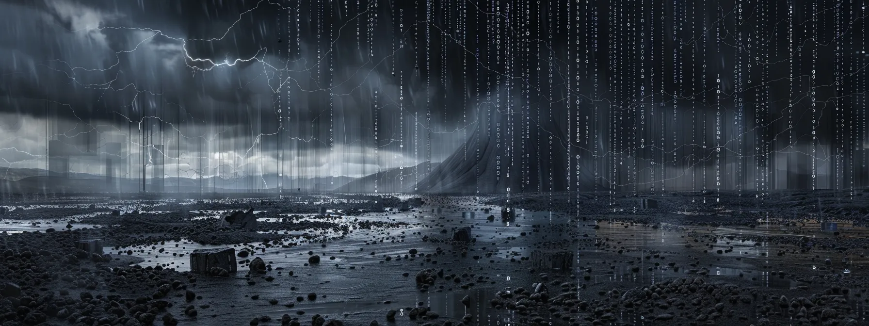 a dramatic and ominous depiction of a digital landscape shrouded in dark clouds, representing the menacing threat of ransomware, with binary code cascading down like rain amidst shattered computer screens conveying chaos and vulnerability.