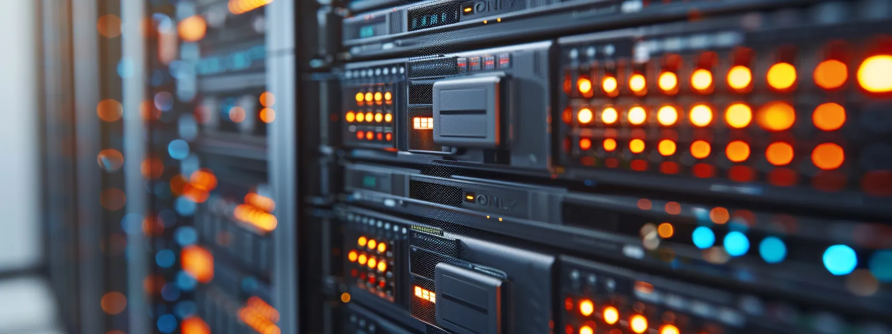 a dramatic close-up of a sleek server room with illuminated racks of virtualized servers, showcasing the intricate network of lights and cables that symbolize the complexities and challenges of server virtualization in an ultra-modern data center.
