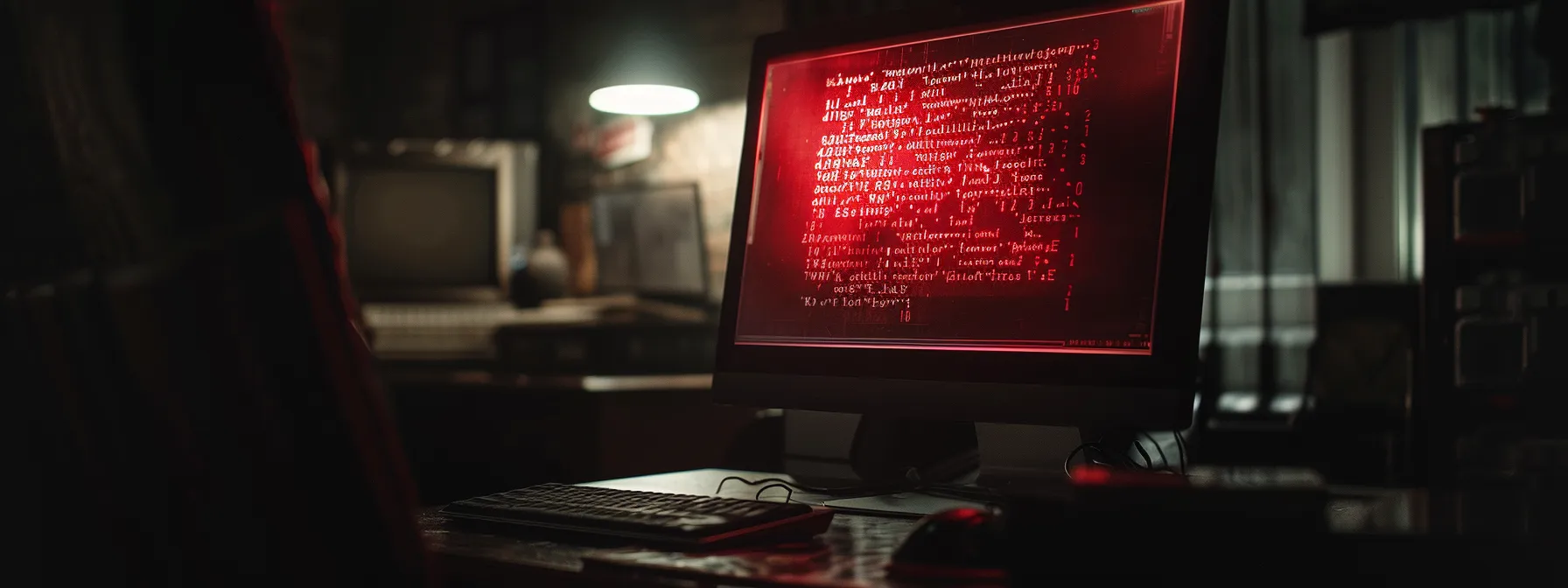 a dramatic close-up of a computer screen displaying a menacing ransomware message in bold red letters, with ominous shadows and a darkened room atmosphere conveying a sense of urgency and threat in cybersecurity.