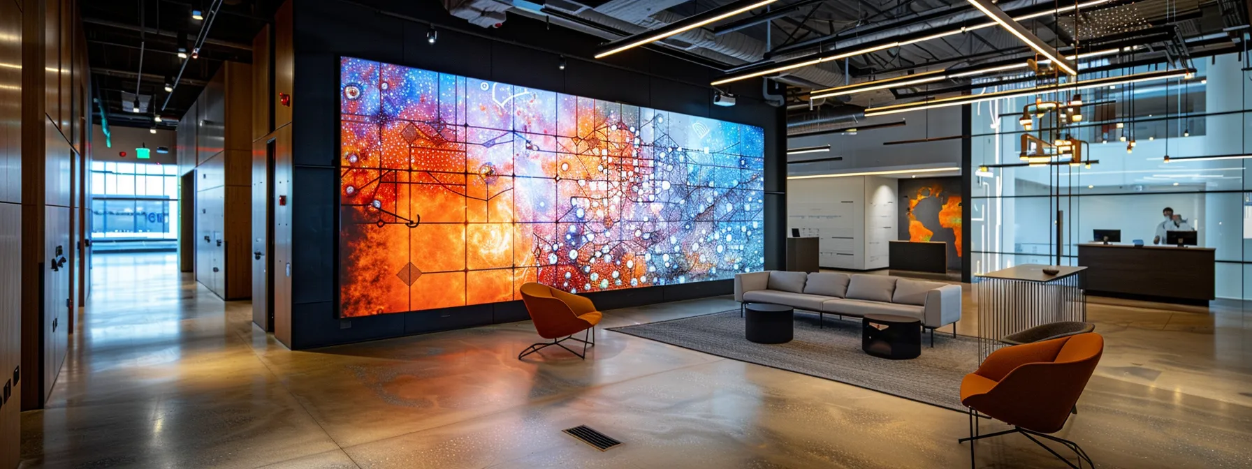 a dramatic image of a modern office with a prominent digital display showcasing an intricate network map, symbolizing the complex challenges and considerations of sd-wan security and deployment strategies in a multi-cloud environment.