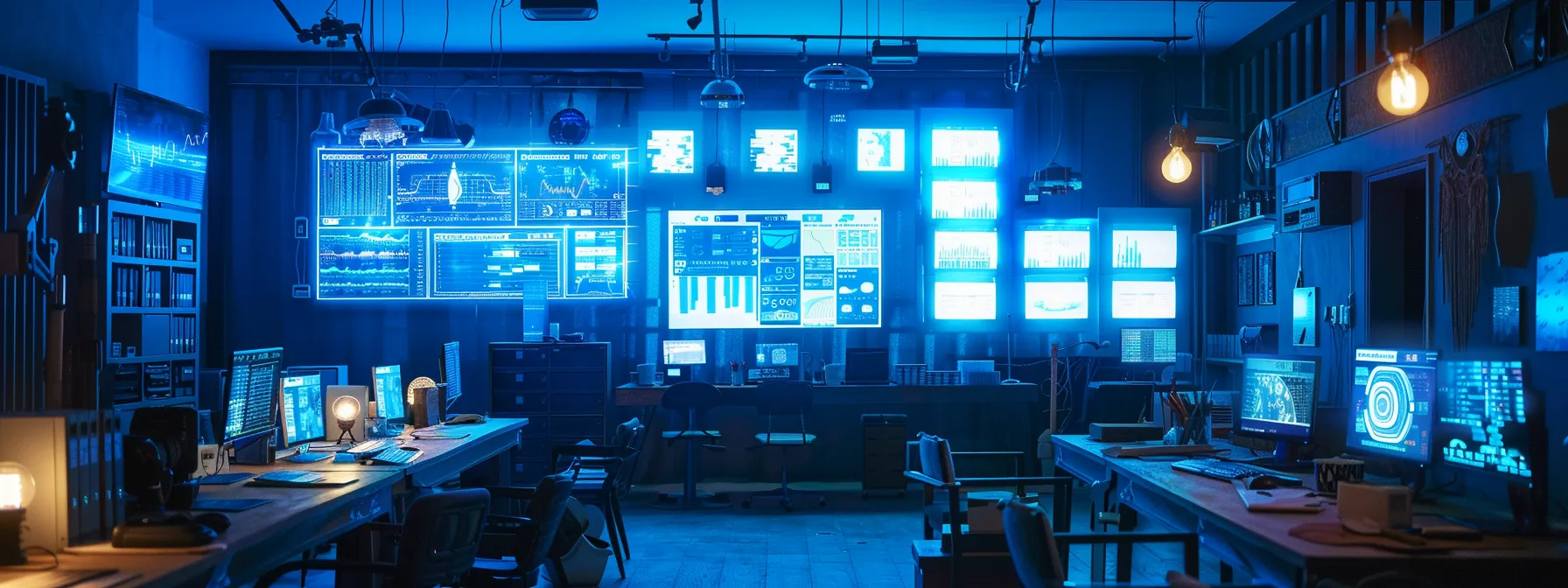 Comprehensive IoT Implementation Guide for Businesses 10 a dramatic scene captures a futuristic office environment filled with interconnected iot devices, illuminated by soft blue lighting, showcasing data streams and complex dashboards that symbolize the challenges of integration and security in modern technology.