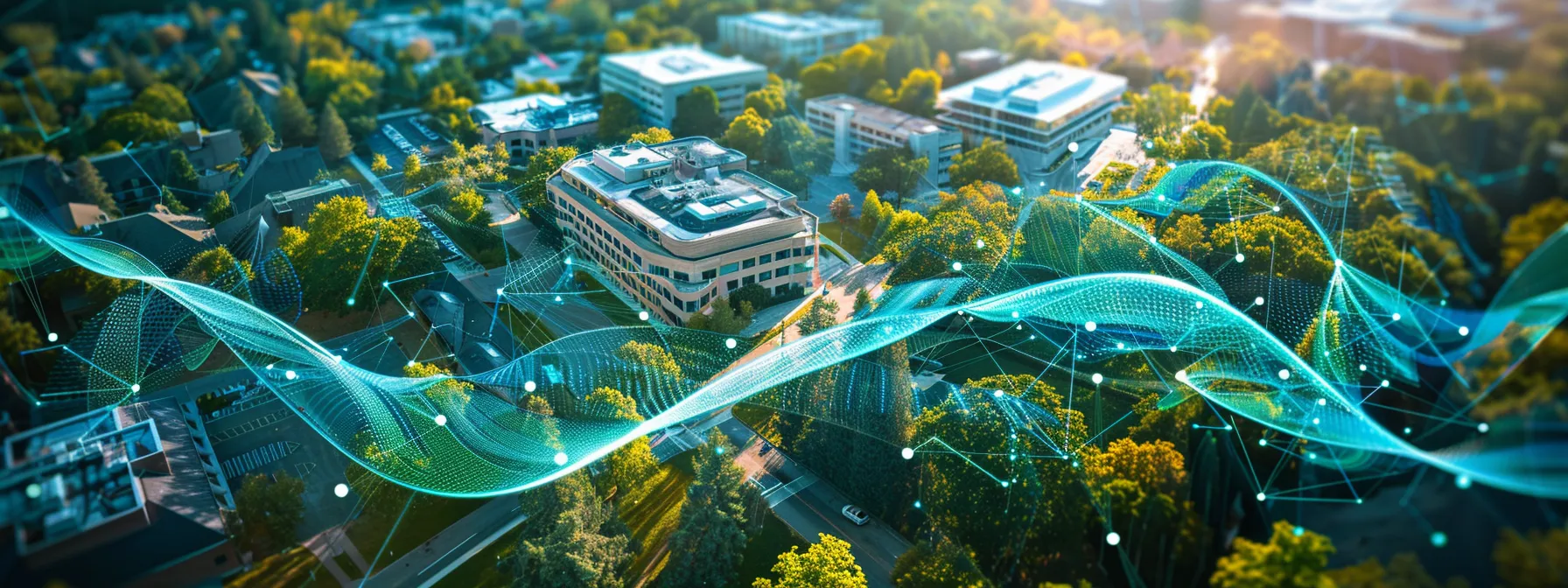 a dynamic aerial view of a bustling university campus, showcasing a network of wireless signals represented by vibrant waves, symbolizing the challenges of data security and signal interference amidst a thriving educational environment.