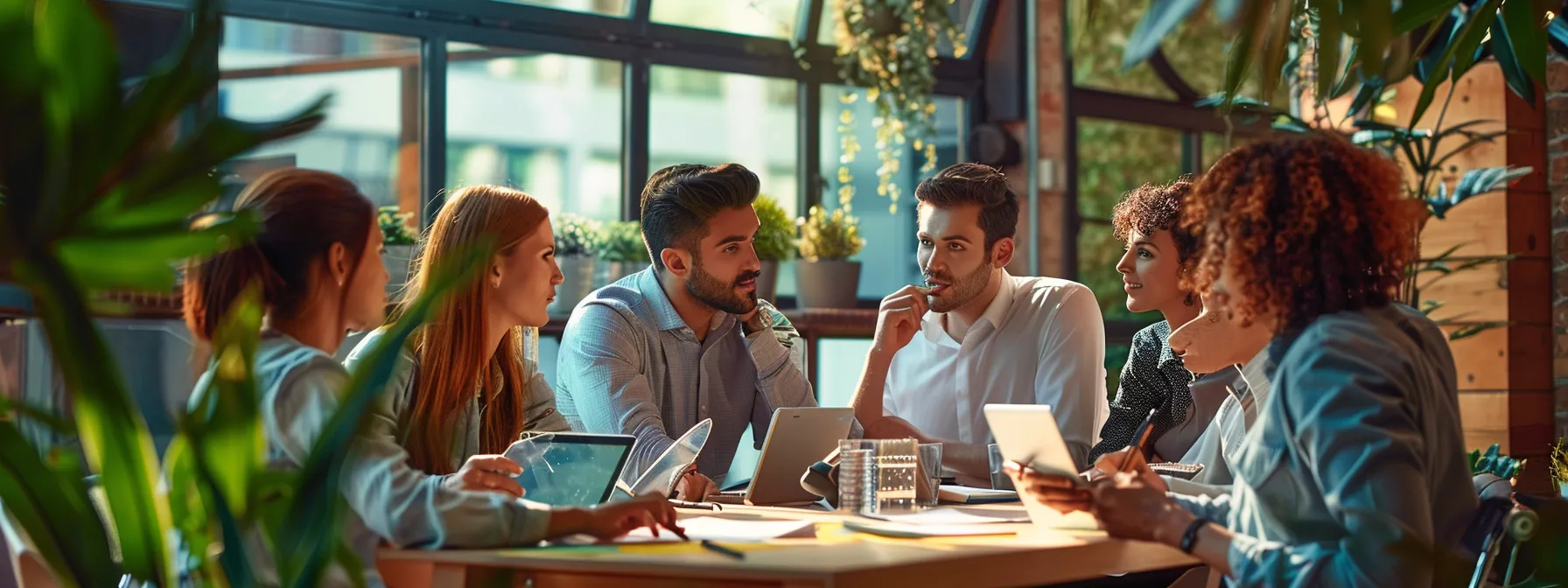 a dynamic and collaborative talent acquisition team engages in a strategic brainstorming session, surrounded by visual elements of organization and growth, showcasing their diverse skills and commitment to success in a well-lit, modern office environment.