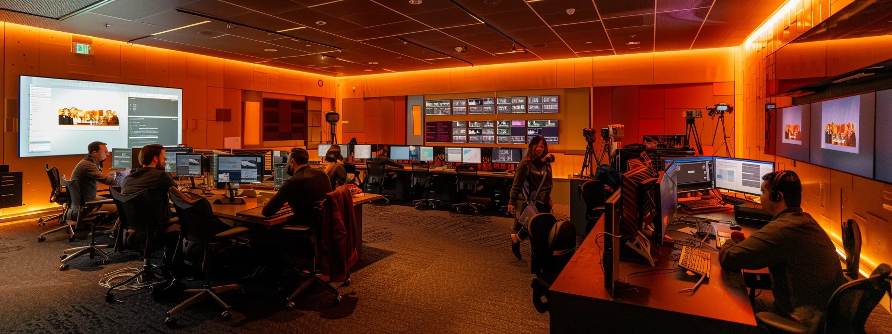 a dynamic and engaging workspace filled with diverse professionals collaborating over talent acquisition strategies, illuminated by soft overhead lighting that enhances the inviting atmosphere.
