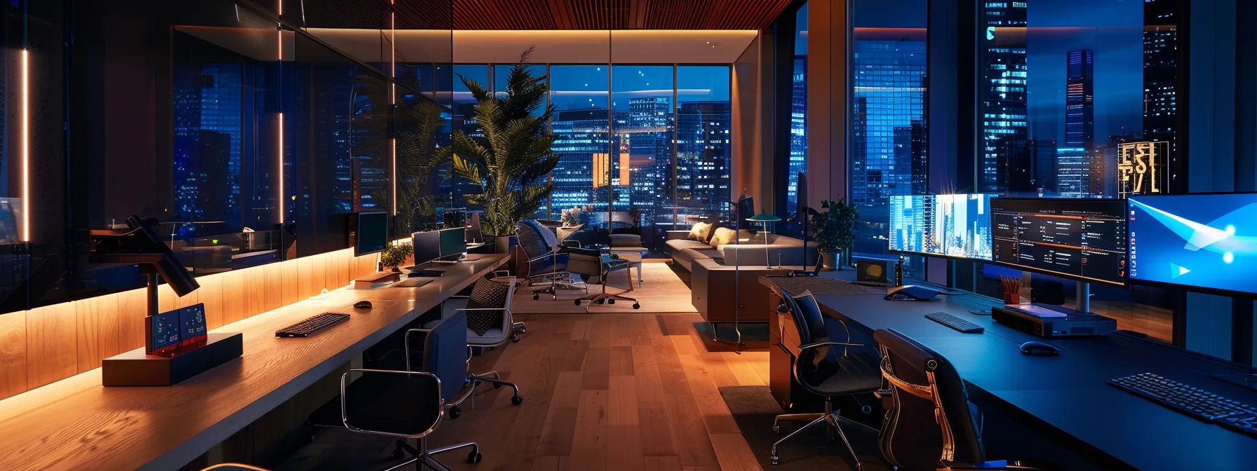 a dynamic and futuristic workspace showcasing advanced machine learning technologies and seamless data management, illuminated by soft, ambient lighting that highlights sleek computer systems and digital analytics on expansive screens.