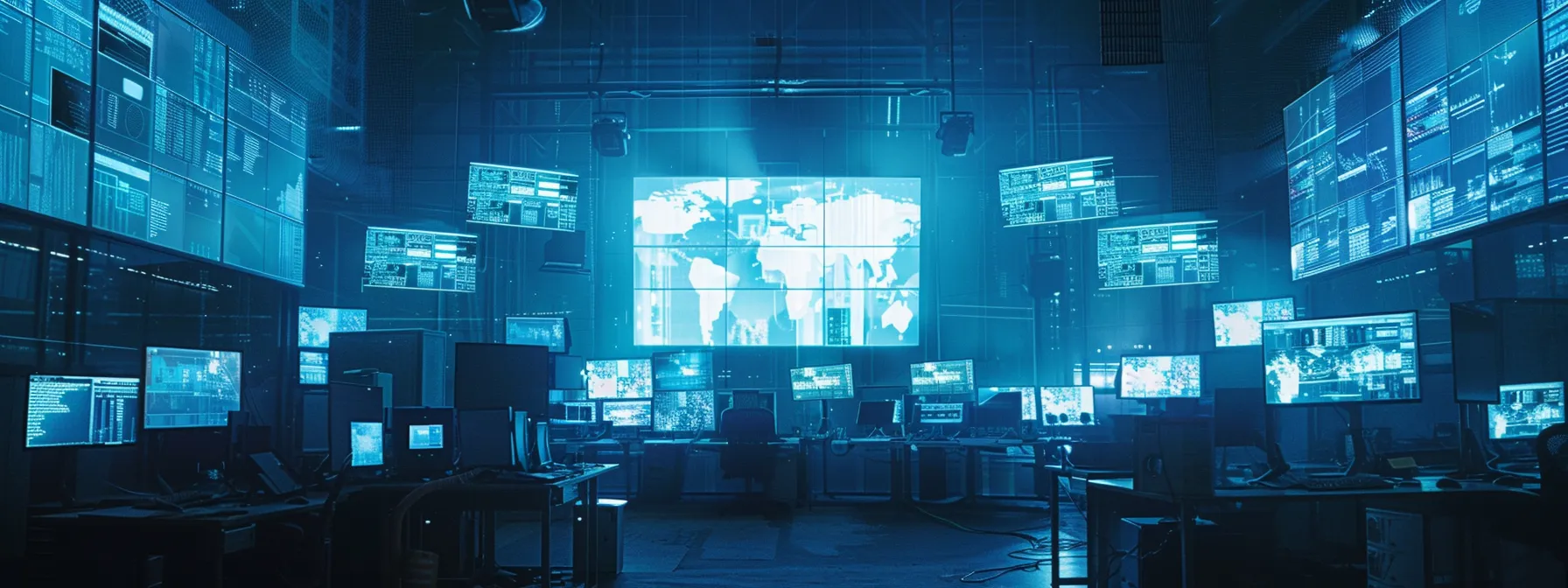 Comprehensive IoT Implementation Guide for Businesses 11 a dynamic and high-tech control room illuminated by soft blue lights, featuring large screens displaying real-time data analytics and kpi metrics for a successful iot implementation, illustrates the seamless integration of technology and collaboration in modern business.