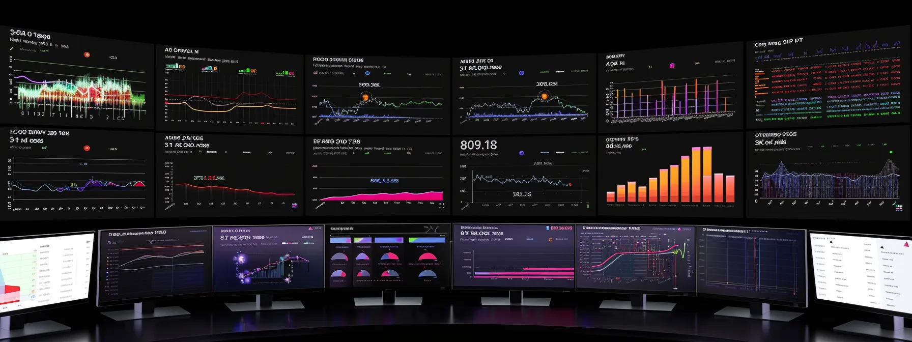 a dynamic and vibrant data analytics dashboard illuminates a sleek workspace, showcasing colorful graphs and charts that vividly represent predictive trends and performance metrics, signifying the power of advanced analytics in driving business strategies.