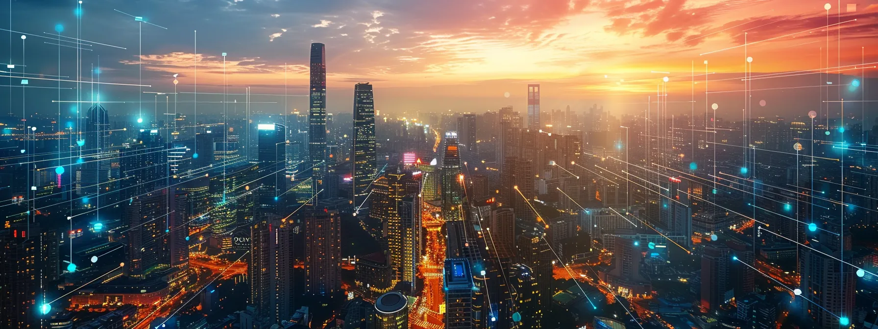 What Is NetOps? A Comprehensive Overview 13 a dynamic and vivid cityscape at dusk, illuminated by the glow of network data flowing through a transparent, futuristic infrastructure, symbolizing the seamless integration of automation and human oversight in overcoming organizational challenges.