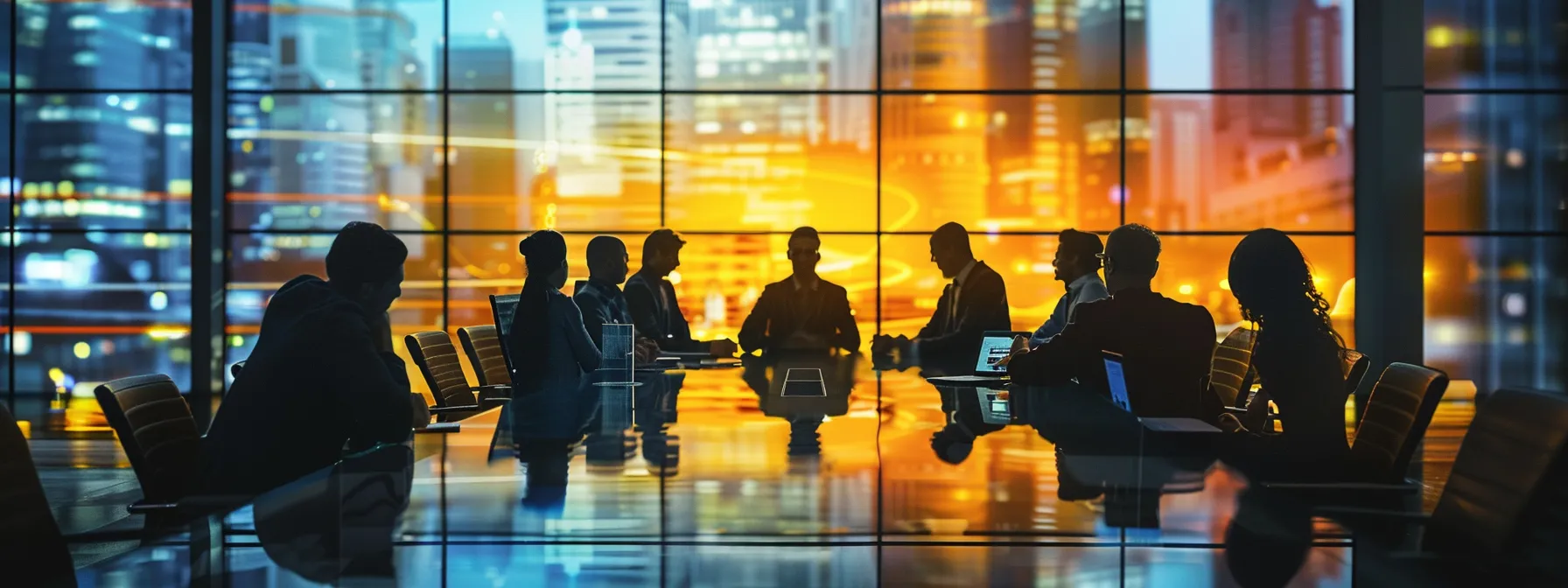 a dynamic boardroom scene showcasing diverse professionals engaged in a collaborative discussion, with a digital display depicting complex data integration and cloud service support, illuminated by warm, focused lighting that enhances the atmosphere of teamwork and innovation.