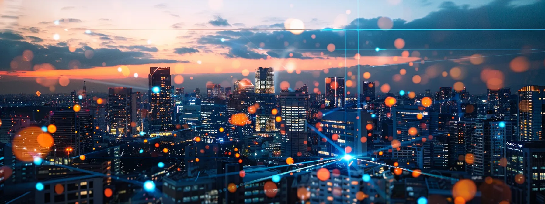 What Is NetOps? A Comprehensive Overview 11 a dynamic city skyline at dusk, illuminated by vibrant lights, symbolizes the seamless integration of advanced technology and collaboration, reflecting the innovative spirit of modern enterprises embracing a netops approach.